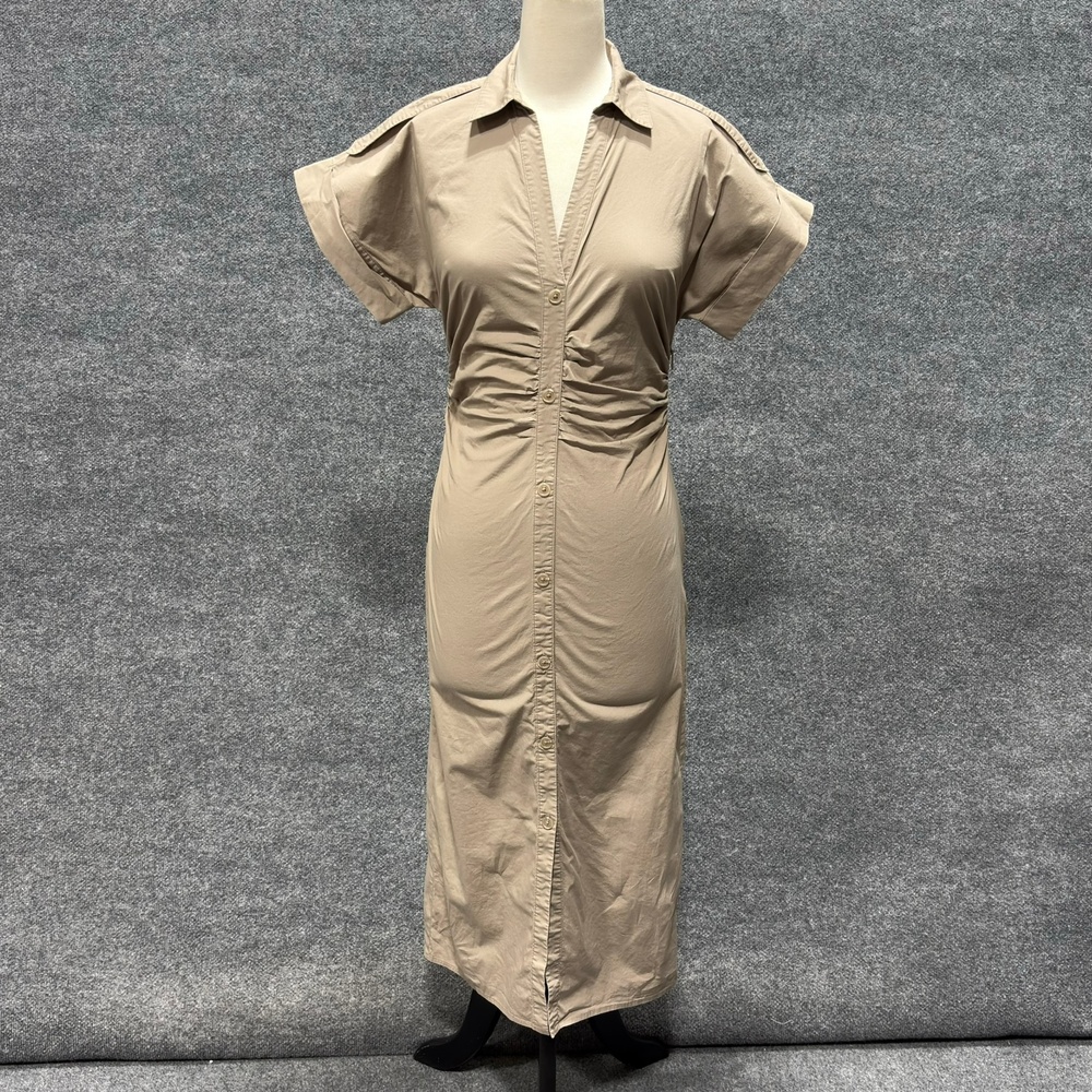 Saunders Collective Dress Womens 4 Beige Ruched Shirt Midi Short Sleeve Collared